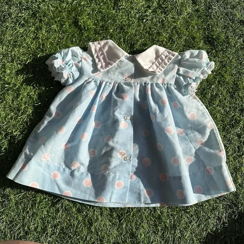 Vintage Bryan Baby Dress 6-9 Months USA Sailor Collar‎ Bow Blue Pink Polka Dot